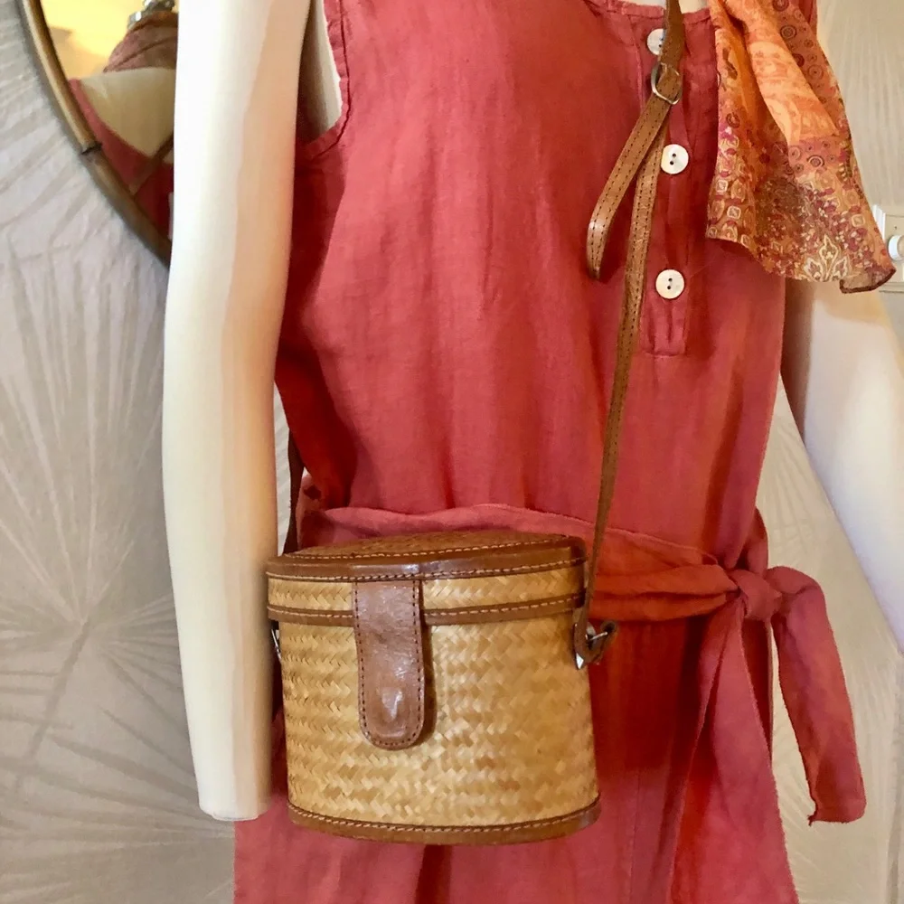Woven Straw Crossbody Bag with Leather Trim - Natural Brown